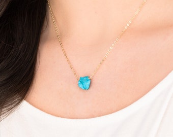 Gold Turquoise Necklace, Raw Gemstone Jewelry, Dainty Birthstone Gift For Her, Tiny Rough Stone, Blue Boho Choker, Small Layering Pendant,