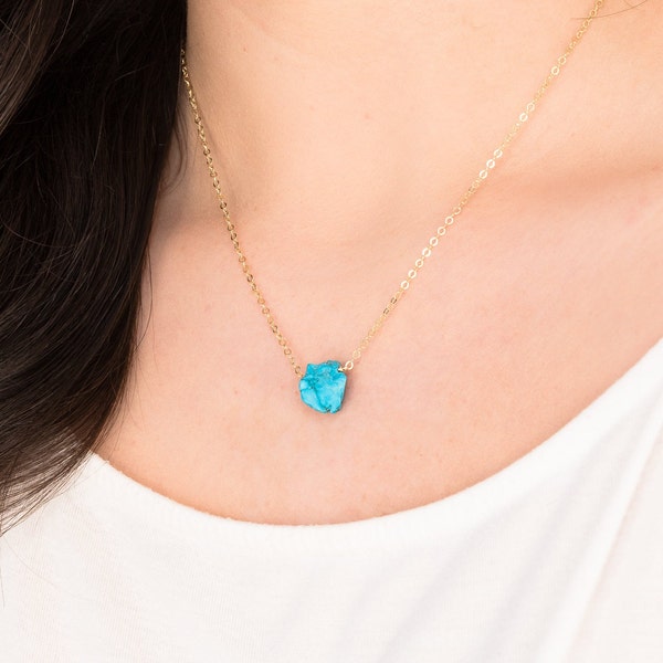 Gold Turquoise Necklace, Raw Gemstone Jewelry, Dainty Birthstone Gift For Her, Tiny Rough Stone, Blue Boho Choker, Small Layering Pendant,