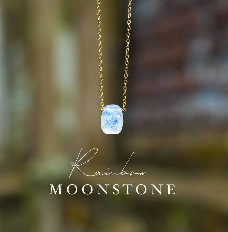 Moonstone Necklace, Tiny Crystal Jewelry , June Birthstone Gift , Raw Rainbow Moonstone, Dainty Gold Filled Chain, Rough Flash Necklace 