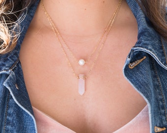 Large Single Pearl and Gold Wire Wrapped Rose Quartz Point Layered Necklace, Rose Quartz Point Necklace, Freshwater Pearl Necklace