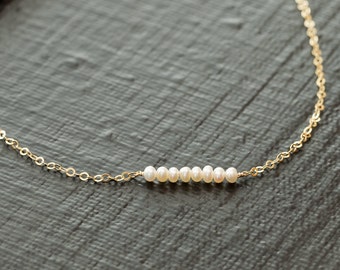 Gold Pearl Necklace, Dainty June Birthstone Gift, Tiny Genuine Freshwater Pearl Choker, Sterling Silver Gemstone Jewelry, Beaded Crystal Bar