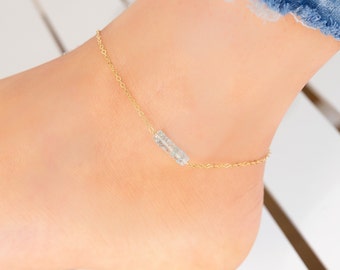 Aquamarine Anklet, Dainty Gold Ankle Bracelet, March Birthstone Jewelry, Tiny Crystal Body Jewelry, Simple Aquamarine Gemstone Anklet Silver