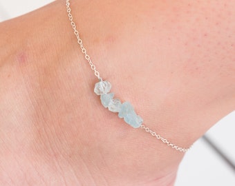 Aquamarine Anklet, Raw Crystals, March Birthstone Jewelry, Anklets For Women, Aquamarine Bracelet, Ankle Bracelet, Raw Aquamarine Crystal