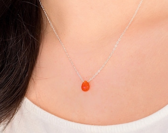 Tiny Carnelian Sterling Silver Necklace, dainty carnelian crystal necklace, Teardrop Charm Stacking Pendant, Crystal Birthstone Necklace