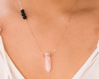 Diffuser Necklace, Rose Quartz Pendant Necklace, Lava Bead Necklace, Essential Oil Jewelry, Healing Crystals and Stones, Lava Rock Yoga
