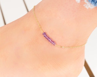 Dainty Amethyst Anklet, Tiny Gemstone Jewelry, Custom Birthstone Gift, Simple Beaded Crystal Ankle Bracelet, Thin Gold Fill or Silver Anklet