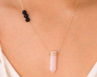 Diffuser Necklace, Rose Quartz Pendant Necklace, Lava Bead Necklace, Essential Oil Jewelry, Healing Crystals and Stones, Lava Rock Yoga