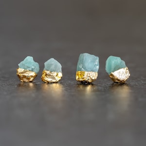 Blue Apatite Earrings, Gold Dipped Raw Crystal Earrings, Natural Birthstone Studs, Healing Gemstone Gift for Friend, Gold Tiny Apatite Studs