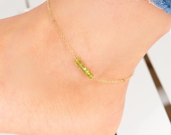 Gold Peridot Anklet, Beaded Crystal Ankle Bracelet, August Birthstone Gift, Personalized Initial Charm Jewelry, Tiny Sterling Silver Anklet