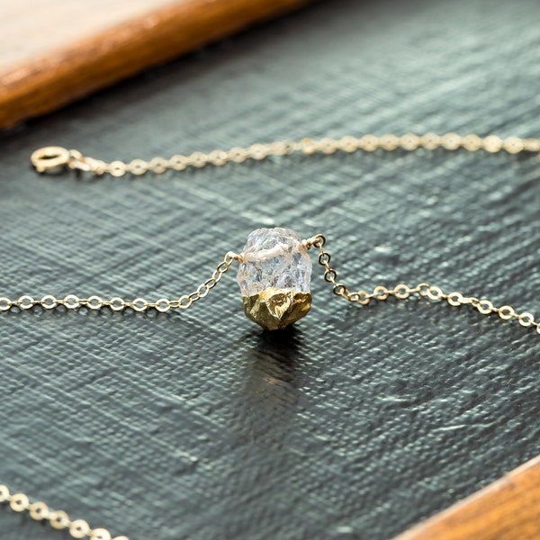 Raw Quartz Crystal Necklace, Gold Healing Gemstone Pendant, Tiny Rough April Birthstone Jewelry, Natural Clear Quartz Gift For Girlfriend