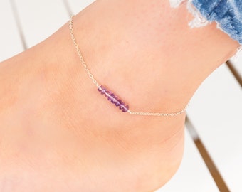 Thin Amethyst Anklet, Dainty Crystal Jewelry, February Birthstone Gift For Sister, Beaded Gold Fill Anklet, Sterling Silver Gemstone Anklet