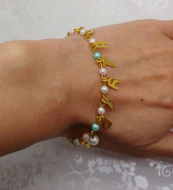 Vintage Adorable Dangling Gold Tone Faux White Pink Turquoise Pearl Happy Birthday Charm Bracelet 7 Inch Brand New in Box Foldover Clasp View 2
