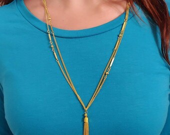 Vintage Gold Plated Double Strand Long 24 inch Ball and Bar Chain Tassel Necklace 26.5 inches with Tassel