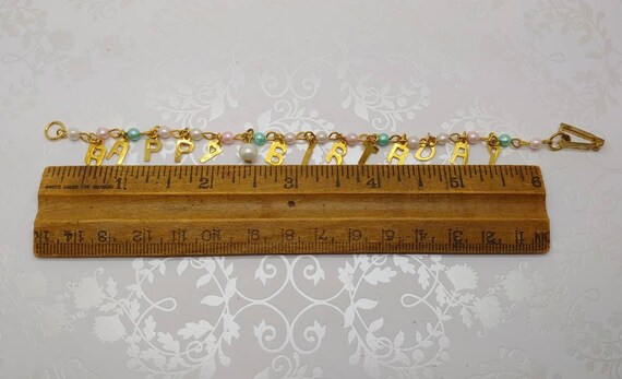 Vintage Adorable Dangling Gold Tone Faux White Pink Turquoise Pearl Happy Birthday Charm Bracelet 7 Inch Brand New in Box Foldover Clasp View 4