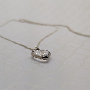 May include: A silver chain necklace with a heart-shaped pendant. The pendant is clear and contains a small, white flower inside.