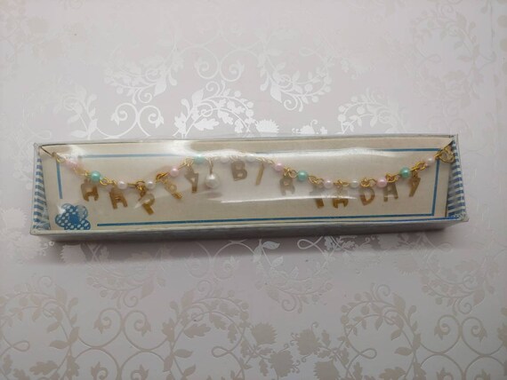 Vintage Adorable Dangling Gold Tone Faux White Pink Turquoise Pearl Happy Birthday Charm Bracelet 7 Inch Brand New in Box Foldover Clasp View 3