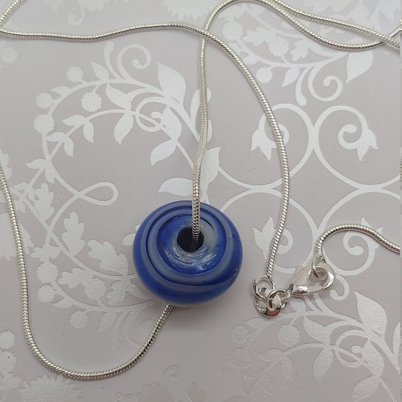 Bijoux by Rose Handcrafted Azure Swirl Ciambella Rose glass pendant on 20 inch silver plate snake chain