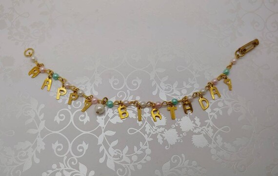Vintage Adorable Dangling Gold Tone Faux White Pink Turquoise Pearl Happy Birthday Charm Bracelet 7 Inch Brand New in Box Foldover Clasp