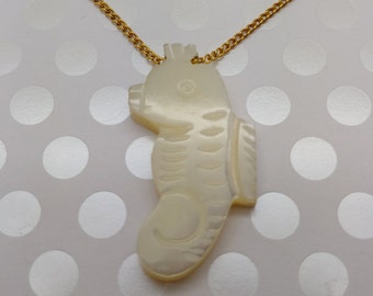 Vintage Hand Carved Mother of Pearl Seahorse Pendant on 16 Inch Gold Tone Chain Necklace Nautical Seashell