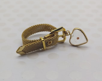 Vintage Retro Gold Tone Adjustable Mesh Belt Buckle Garter Ring Band with Dangling Mustard Seed Heart Charm 6mm