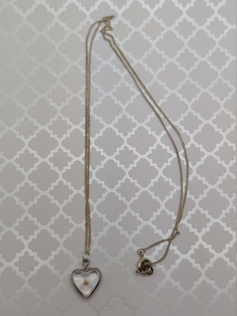 May include: A silver chain necklace with a heart-shaped pendant. The pendant is clear and contains a small, light brown seed inside.