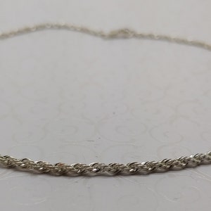 May include: A silver rope chain necklace. The chain is made of small, twisted links.