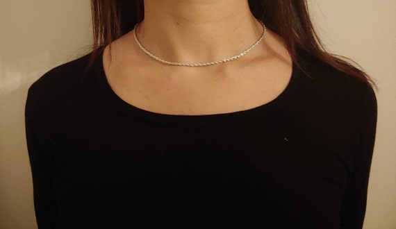 Vintage New Bright Silver Tone Twisted Rope Chain Necklace 16 inch 2.35 mm approx Unisex Men Women