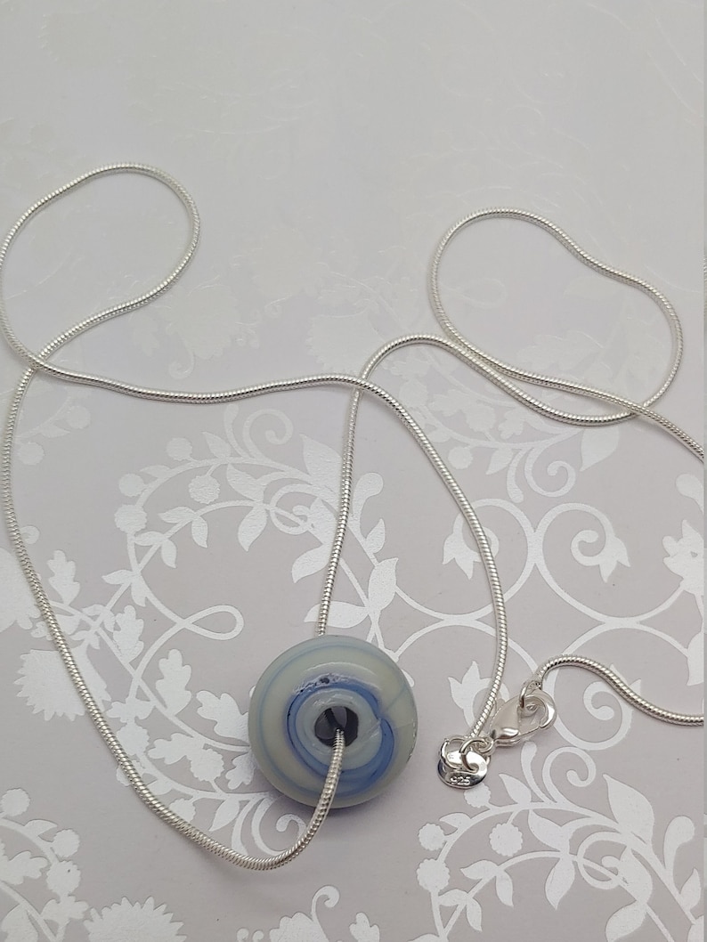 Bijoux by Rose Handcrafted Azure Swirl Ciambella Rose glass pendant on 20 inch silver plate snake chain