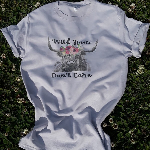 Wild Hair Don't Care ~ Cow Tee ~ Highland Shirt ~ Flowers ~ Short Sleeve