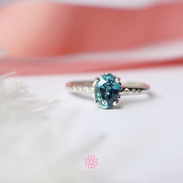 Natural Blue Zircon ring Silver925 with Whitegold plated, engagement ring, promise ring, For her ring, Gift for her