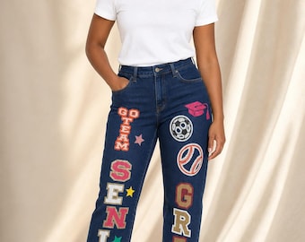 Custom Senior Grad Sports Denim Jeans | Glitter GRAD SENIOR Jeans | Multi-Sport | Class Custom Denim | Handmade Women's size 9