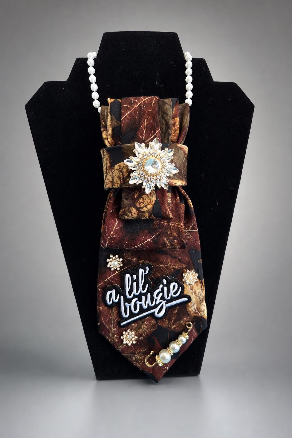 Decorative Tie with Crystal Brooch, Pearl Bow, Autumn Leaf Print Accessory
