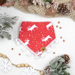 Red Reindeer Dog Bandana, Christmas Dog Bandana, Nordic Christmas Tree Dog Bandana, Holiday Dog Bandana, Over the Collar, Tie on or Snap