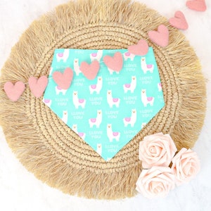 Mint Llama Love Valentine Dog Bandana, Cute Dog Bandana Personalized, Puppy Bandana Gift for Pet, Cat Bandana Over the Collar or Snap on
