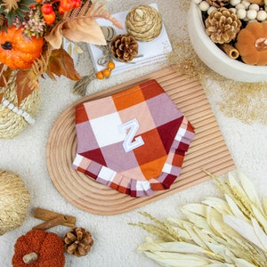 Rust Orange Flannel Fall Dog Bandana Ruffle, Personalized Dog Bandana Plaid, Dog Gifts, Thanksgiving Dog Bandana Over the Collar or Snap on