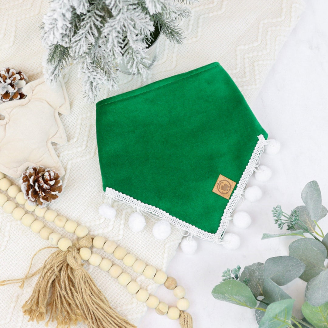 Green Velvet Dog Bandana, Christmas Velvet Dog Bandana, Holiday Dog