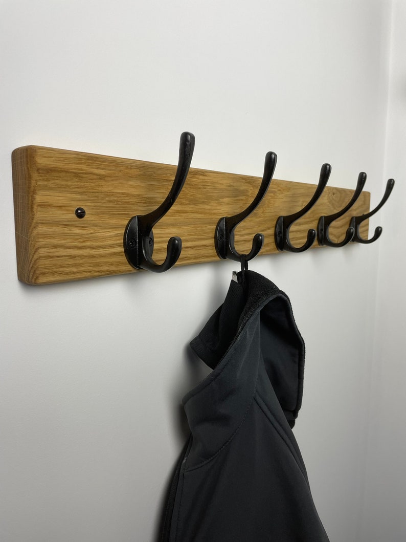 Wall Mounted Solid Oak Coat Rack Cast Iron Hooks Solid Oak Etsy UK