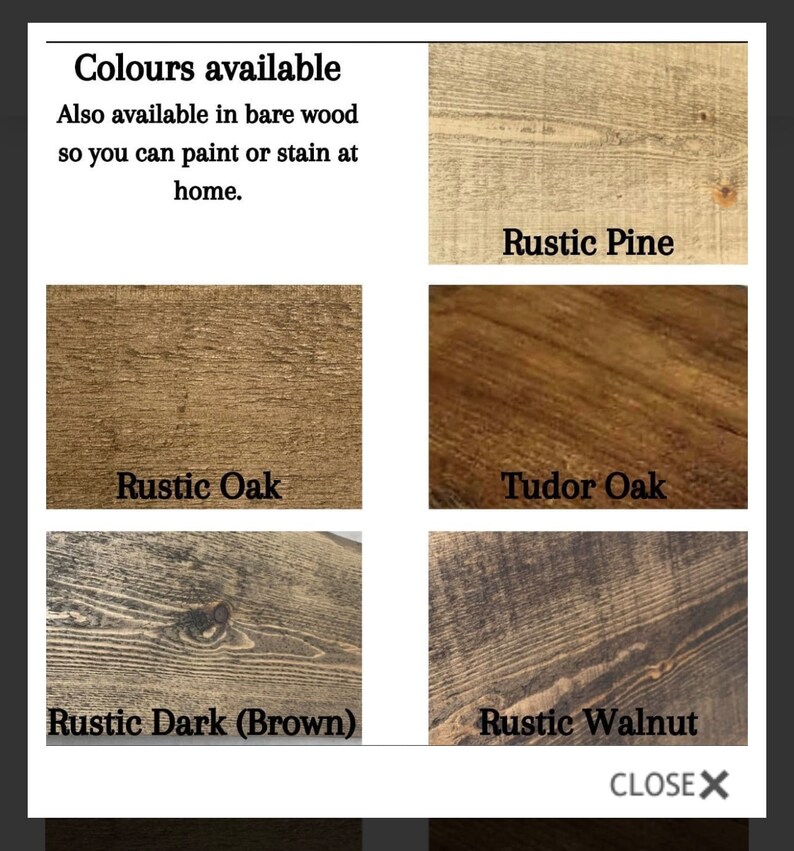 Puede incluir: Imagen que muestra opciones de color de tinte para madera: Pino R&uacute;stico, Roble R&uacute;stico, Roble Tudor, R&uacute;stico Oscuro (Marr&oacute;n) y Nogal R&uacute;stico. El texto en la parte superior dice "Colores disponibles" y "Tambi&eacute;n disponible en madera sin tratar para que puedas pintar o te&ntilde;ir en casa."