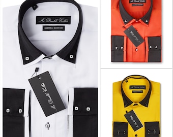 Limited Edition Men’s Stylish Italian Design White Yellow & Black Shirt with Double Collar