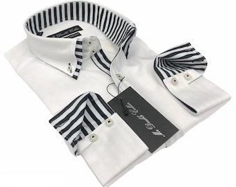 Limited Edition Men’s Stylish Italian Design White Oxford Shirt with Black Double Collar