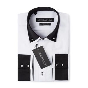 May include: White dress shirt with a black double collar and cuffs. The shirt features black buttons and a tag that reads "Mr. Double Collar LIMITED EDITION."