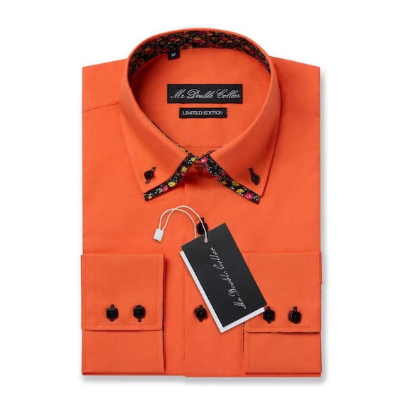 orange dress shirt with white collar and cuffs Biagio Men's 100% Cotton Solid Burnt Orange Dress Shirt w/Convertible Cuffs