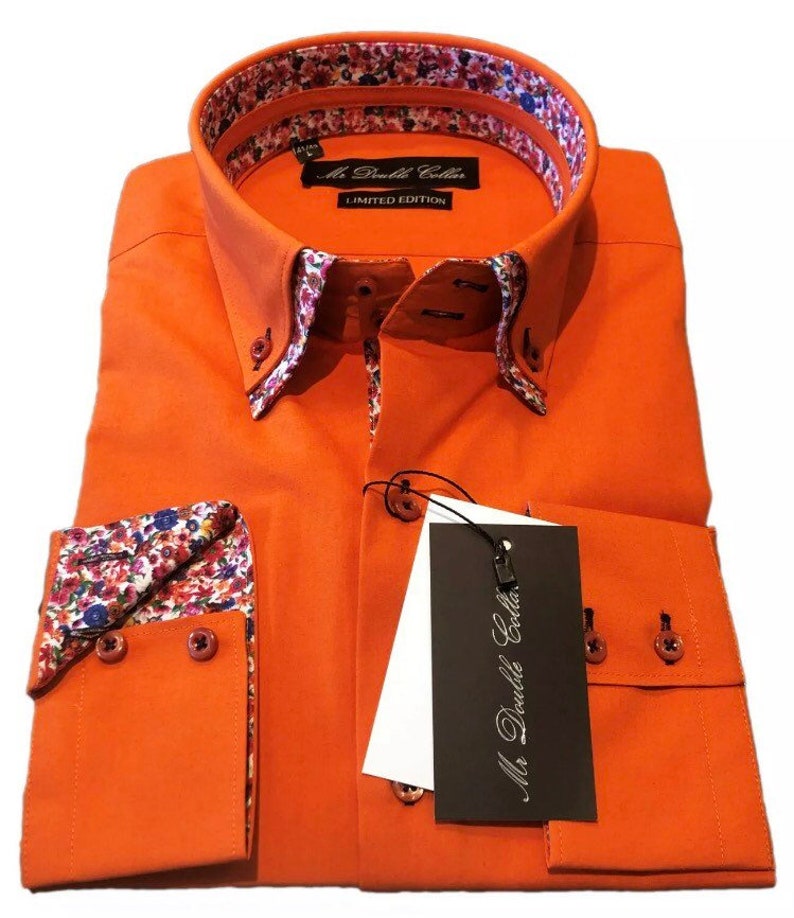 Mens Italian Design Soft Cotton Orange Floral Pattern Double Collar Long Sleeve Hand Made Shirt