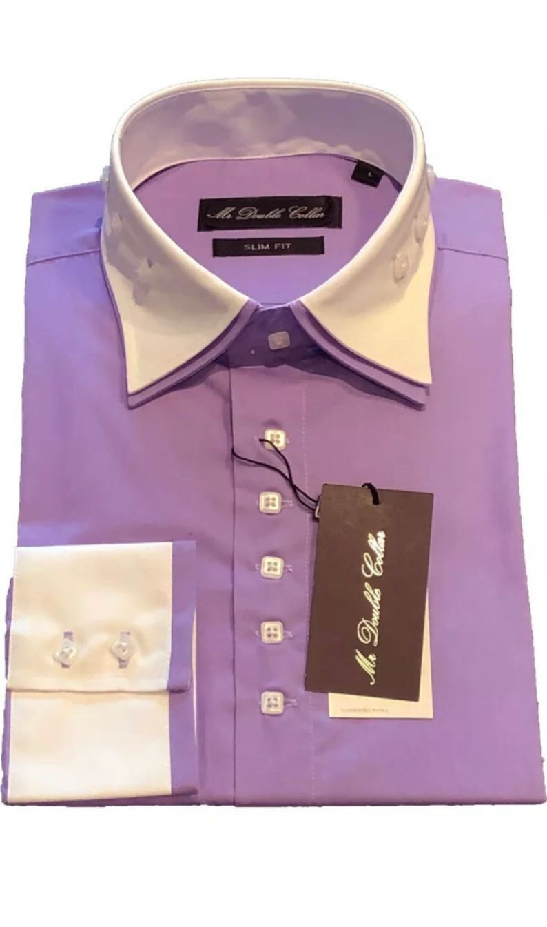 Mens Shirt Smart Casual Purple & White Formal Double Collar Long-sleeve ...