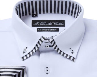 Limited Edition Men’s Stylish Italian Design Smart Casual Formal White & Zebra Double Collar Shirt Longsleeve