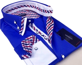 Limited Edition Men’s Stylish Italian Design Royal Blue Striped Shirt with Double Collar