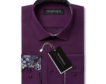 Limited Edition Men’s Smart Italian Design Purple Floral Shirt with Patterned Cuffs