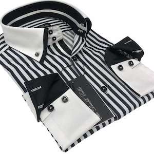 Limited Edition Herren Italienisches Design Schwarz Nadelstreifen Hemd mit Doppelkragen