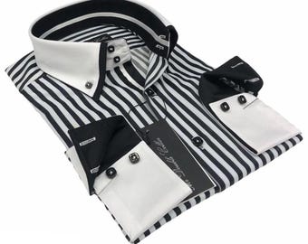 Limited Edition Men’s Italian Design Black Pinstripe Shirt with Double Collar