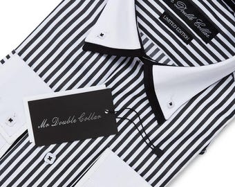 Limited Edition Men’s Italian Design Black Pinstripe Shirt with Double Collar